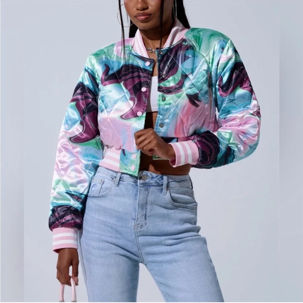 AKIRA Multicolor Satin Bomber Jacket - Picture 3 of 5